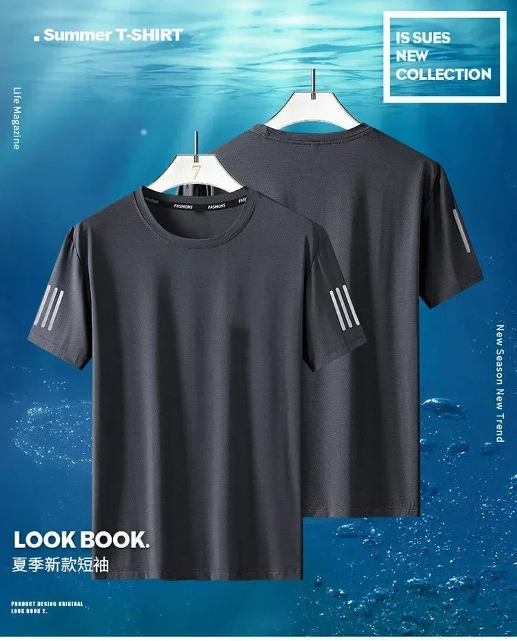 Camiseta de seda de hielo de verano para hombre, cuello redondo, secado rápido, mangas cortas, transpirable, media manga, camiseta deportiva holgada para hombre