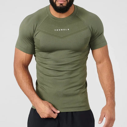 Camiseta deportiva para hombre YOUNGLA, de secado rápido, transpirable, elástica, para fitness, ropa para correr al aire libre