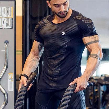 Camiseta deportiva para correr para hombre, camiseta de manga corta ajustada de secado rápido para entrenamiento físico y gimnasio, camisetas de culturismo y crossfit