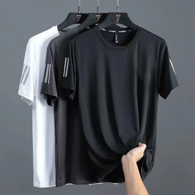 Camiseta de seda de hielo de verano para hombre, cuello redondo, secado rápido, mangas cortas, transpirable, media manga, camiseta deportiva holgada para hombre