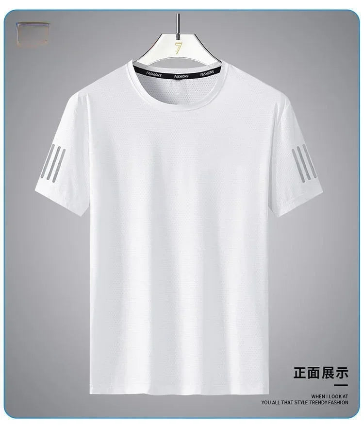 Camiseta de seda de hielo de verano para hombre, cuello redondo, secado rápido, mangas cortas, transpirable, media manga, camiseta deportiva holgada para hombre